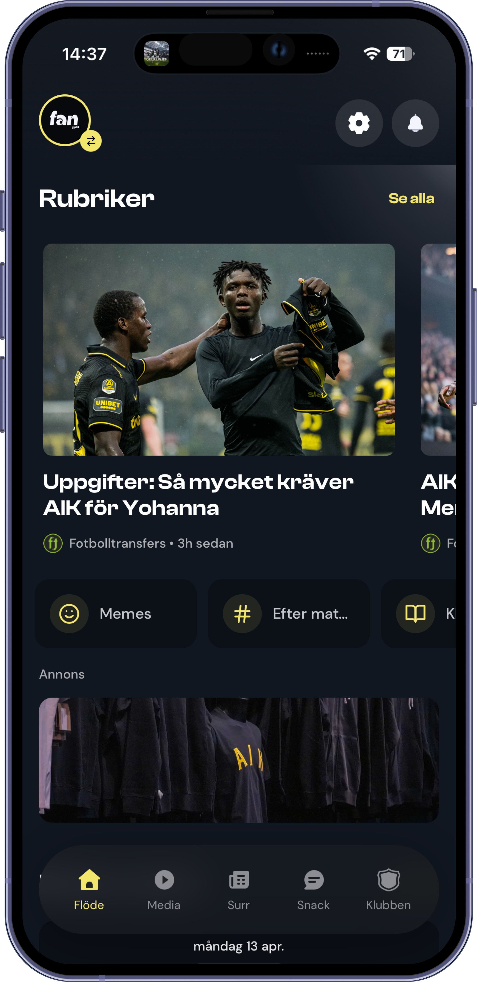 Fanspot app i telefon
